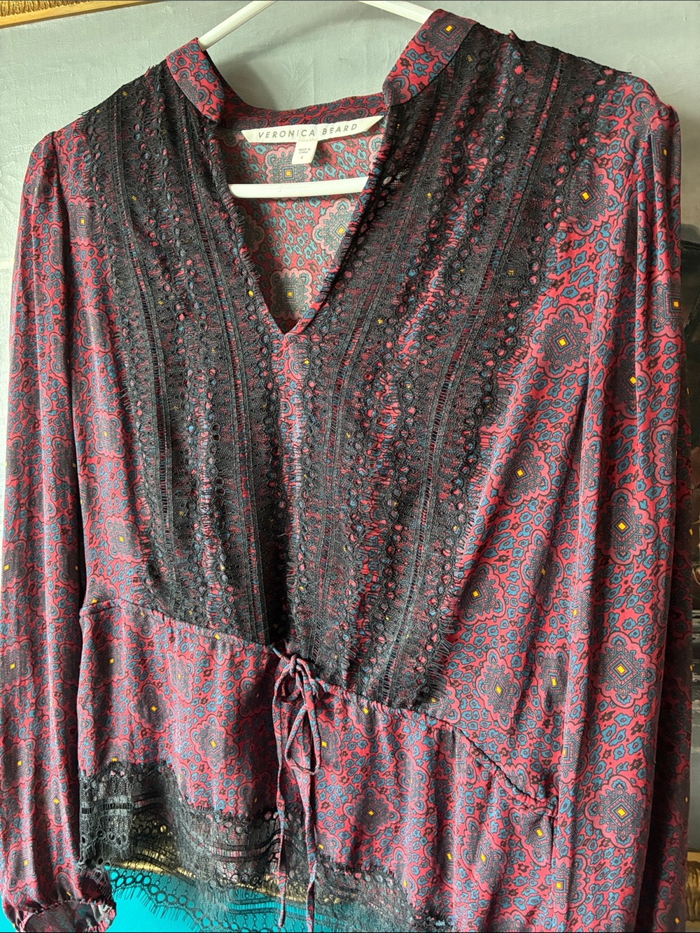 Veronica Beard Burgundy Paisley Lace-Trim V-Neck Blouse